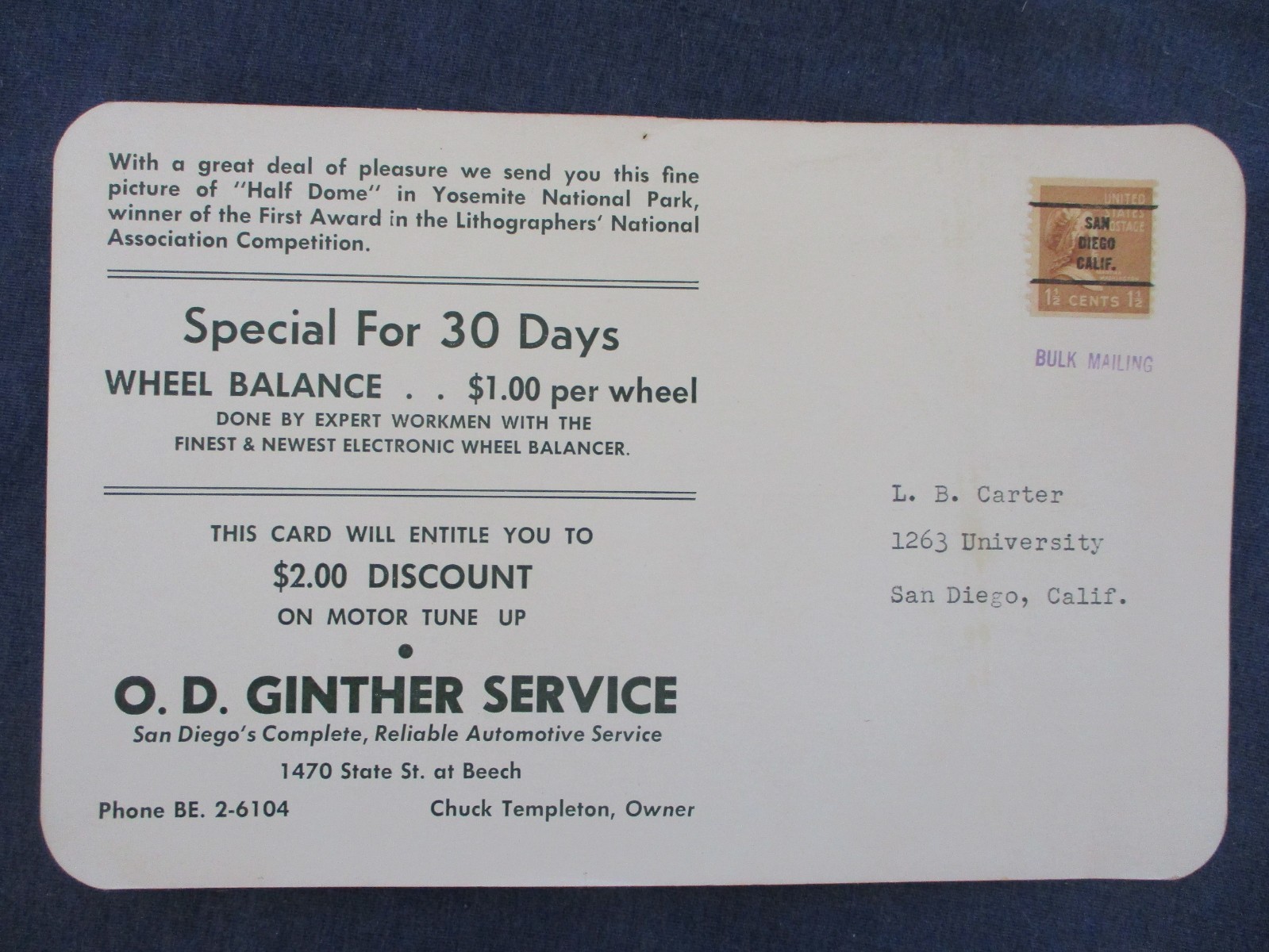 1 1/2c Prexie Pre-Cancel San Diego California Auto Service Ad Bulk Rate Postcard