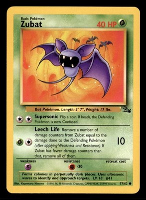 Zubat 57/62 Common Fossil Pokemon Unlimited Lightly Played