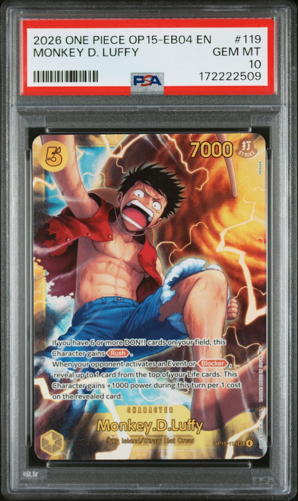 2026 ONE PIECE OP15-EB04-ADVENTURE ON KAMI'S ISLAND #119 MONKEY D. LUFFY PSA 10