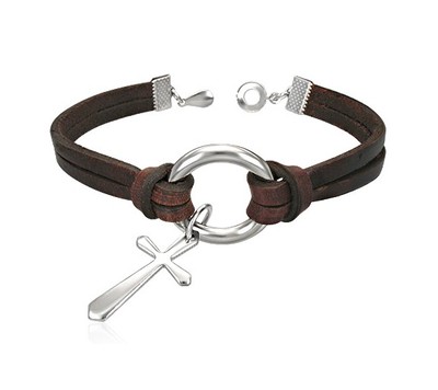 Dangle Cross Charm Religious Brown Leather Wristband Clasp