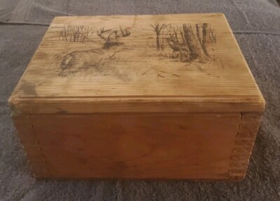 Rustic Dovetailed Deer Image Wood Box 9 3/4 x 7 1/4 x 5 3/8'' Ammo? Hunting