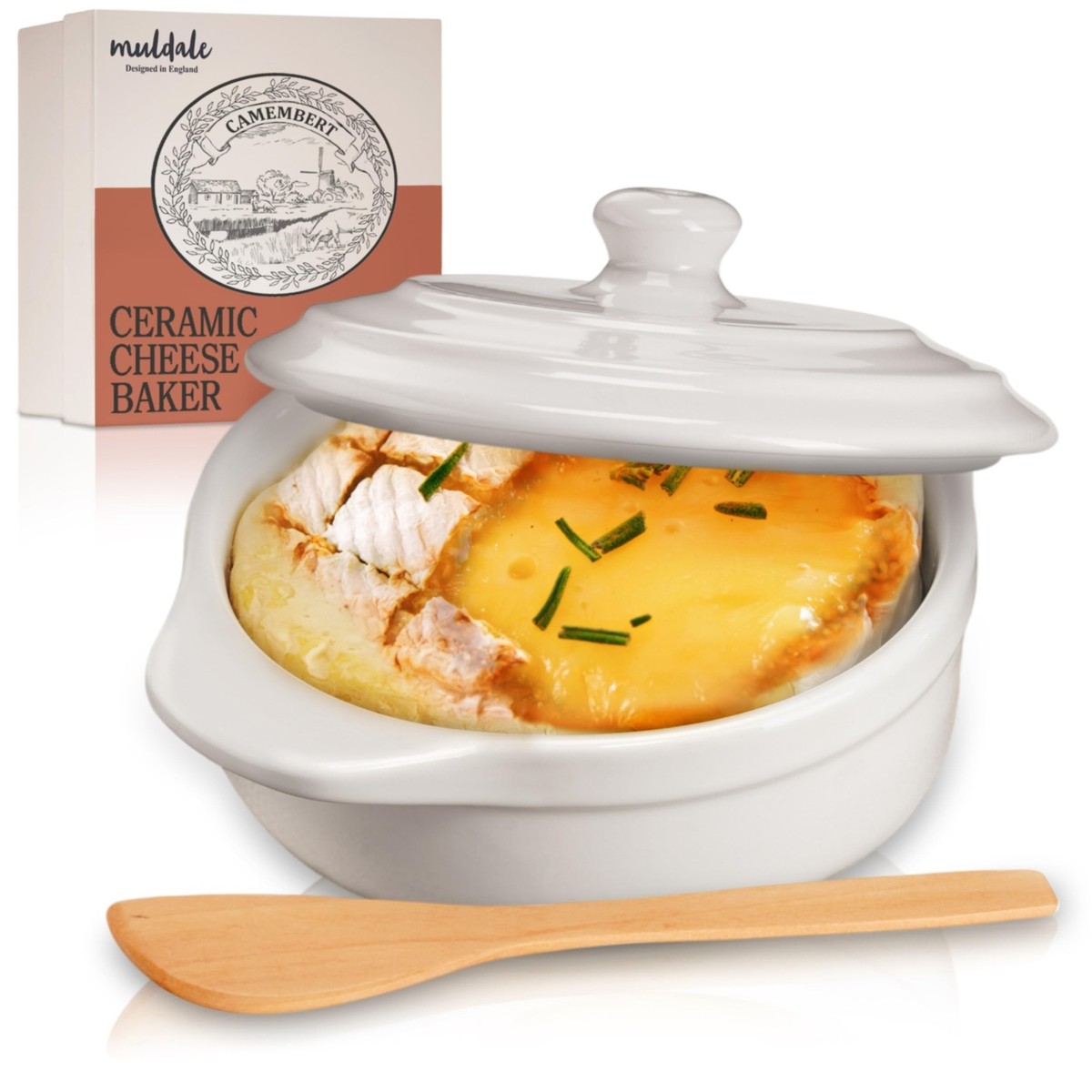 Muldale Brie Baker with Lid and Spreader Camembert Baker Crock in White 