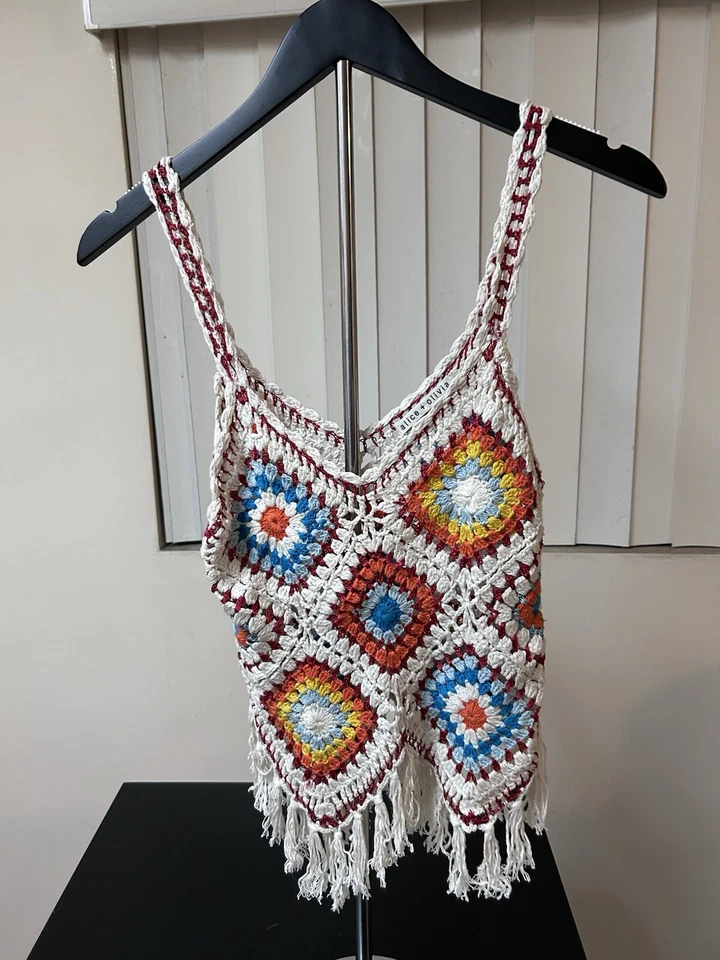 Alice + Olivia ADELINA FRINGE HEM CROCHET PATCHWORK KNIT TANK TOP Womens Small - Image 2 of 4