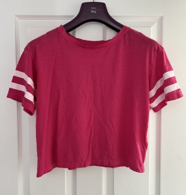 Pink Cropped Dunnes Stores Women s T-shirt Pink White Stripes Size 10 Cotton Mix