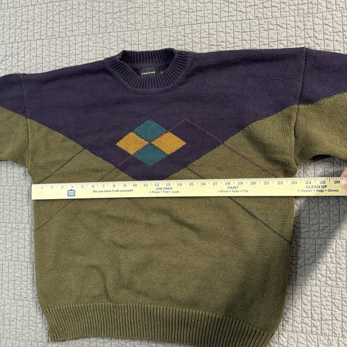 Vintage 90s Structure Sweater Men XL Multicolor Grandpa Classic Argyle Boxy Fit - Picture 6 of 9