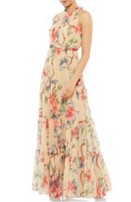 IEENA Mac Duggal 55429 High Neck Pleated Floral A-Line Gown SZ 0 Nude Multi $398