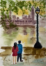 London Painting Couple Original Art Cityscape Watercolor Love Story 8 x 12 in