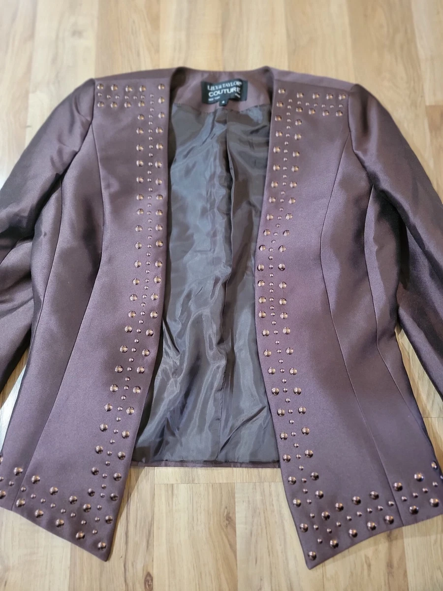 Lily & Taylor Couture New York Women Brown Rhinestone Open Front Blazer Jacket 4