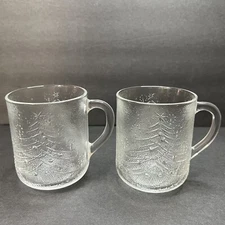 2-12 oz Glass Mugs Vintage DURALEX FRENCH Christmas Tree,  Holiday Jingle Bells.