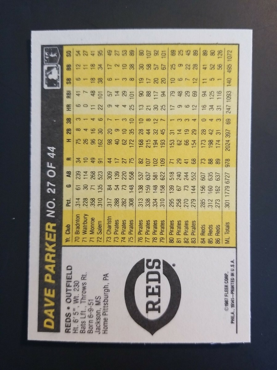 Dave Parker Cincinnati Reds 1987 Fleer Award Winner #27 Baseball