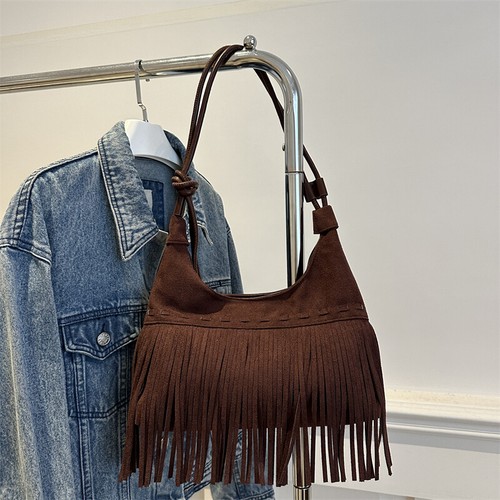 Women Fringe Shoulder Bag Suede Crossbody Bag Tassel Hobo Bag (Coffee) - Picture 3 of 16