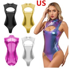 Womens Turtleneck Gymnastics Dance Leotard One Piece Shiny Metallic Bodysuits