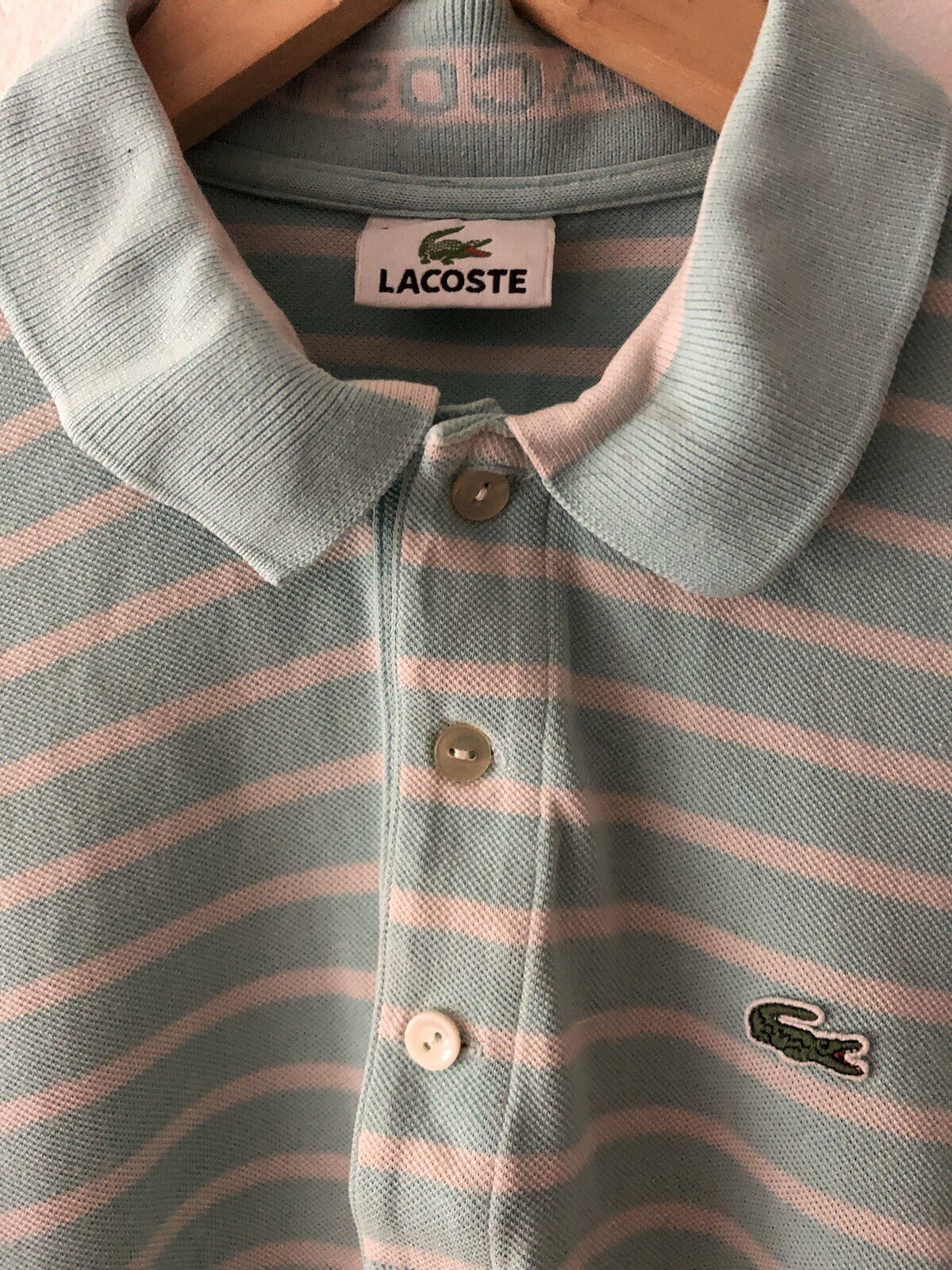 Unisex Lacoste Vintage Classic Style Striped Polo Shirt Top Blue/White Size M image 2