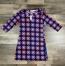 Tracy Negoshian Blue Orange Key Hole Neck Dress Geometric Pattern Size S
