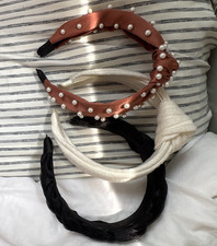 Women's Set of 3 Padded Braided Fabric Headbands w/ Pearl Accents, Solid