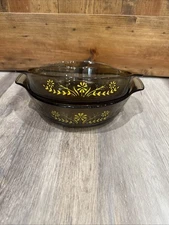 2 Vintage GLASBAKE Glass Casserole Pie Dish Yellow Daisy Brown Amber Visionware