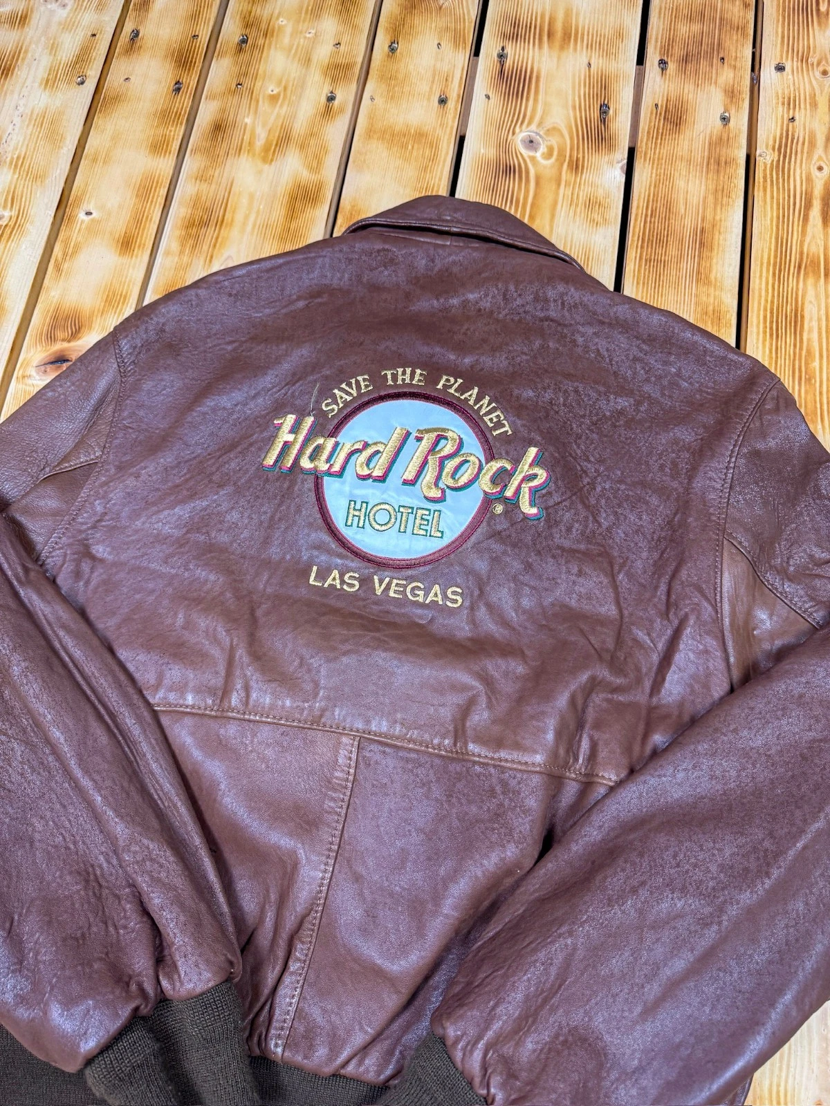 Vintage 90s Hard Rock Hotel Las Vegas Leather Bomber Jacket - product detail image 1