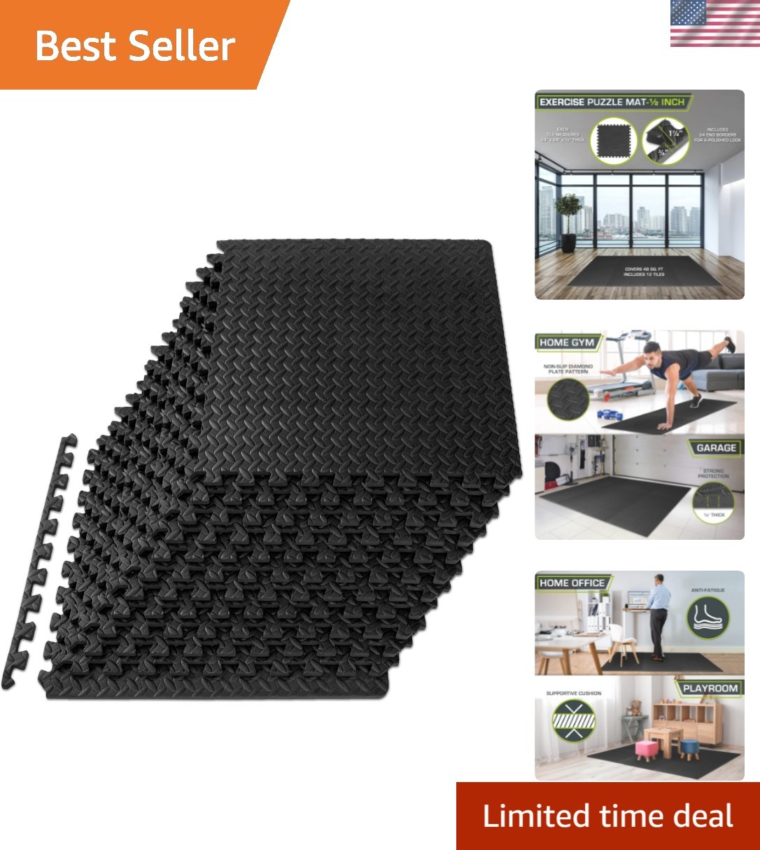 Versatile Interlocking Foam Puzzle Mat - 12 Durable Tiles for Home Gym & Kids