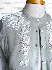 Seed Bead Flower Grey Cardigan Sweater w/ Crystal Buttons  Red Silk Lining