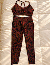 Women s Brown Black Leopard Print 2-Piece Leggings Set Sports Bra Size XL