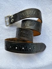 VINTAGE 70s Kawasaki Motorcycle Distressed Black Tooled Leather Belt RARE 36-38