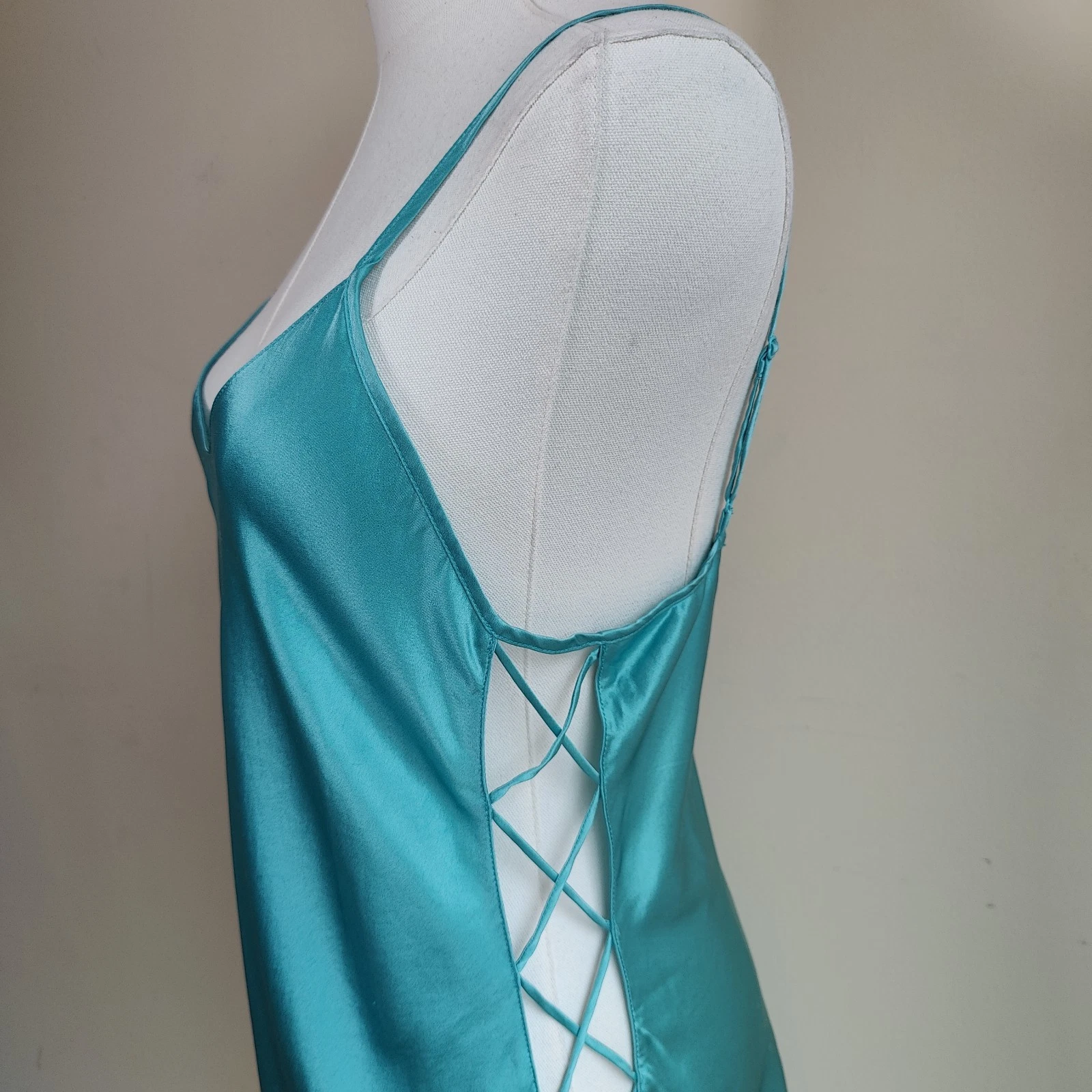 UNDERCOVER Abito vintage Victoria's Secret 100% seta turchese slip M corsetto cravatta lato RARO