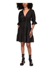 MICHAEL KORS Womens Black Tie Flared Cuffs Skirt 3/4 Sleeve Short Dress 0