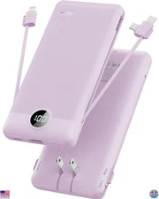 Portable Charger 10000mAh with Built-in Cables & AC Plug, Compact Power Bank