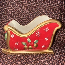Fitz & Floyd Festive Bells Ceramic Christmas Holiday Sleigh Planter Centerpiece