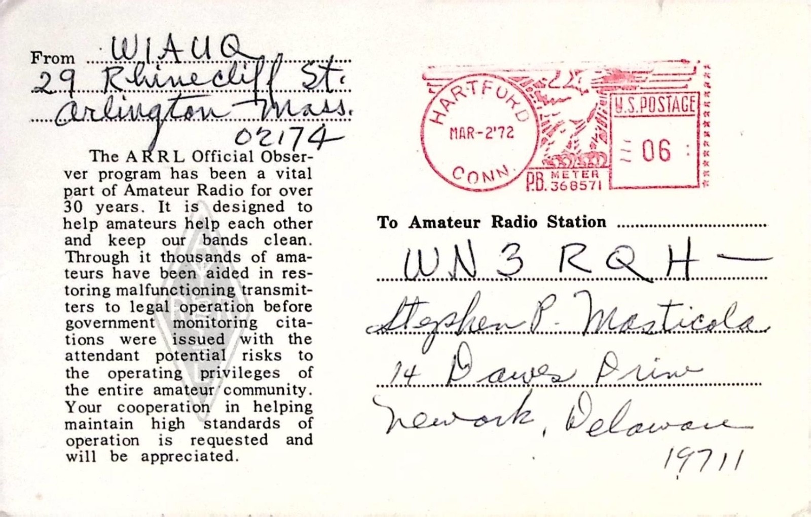 ARRL Official Observer Card 1972 W1AUQ to WN3RQH – Ham Radio Report