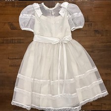 Vintage 1980s White Dress Girls Special Occasion Puff Sleeve Lace Trim Size 10