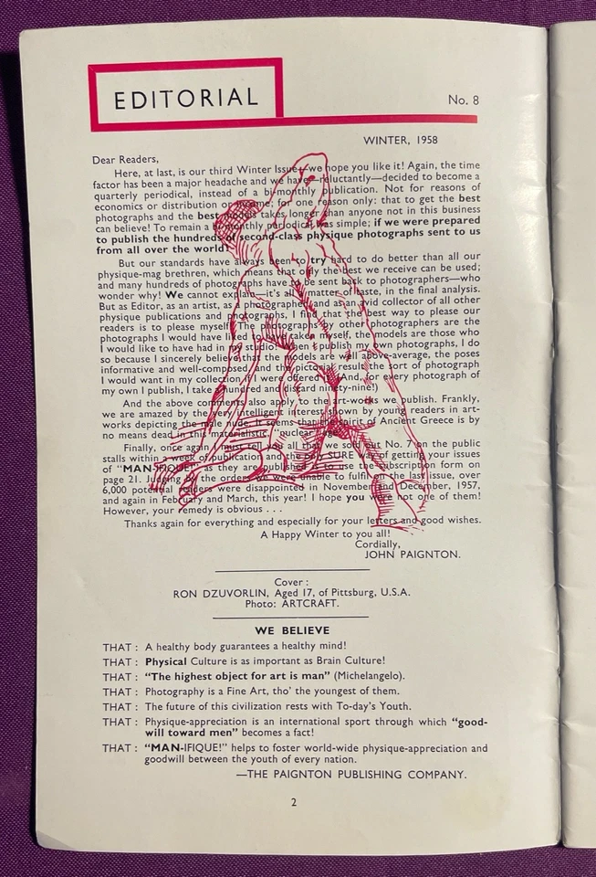 GAY: vtg 1958 Euro digest mag Physique of the Week: MAN-IFIQUE #8 John Paignton - Image 2 of 4