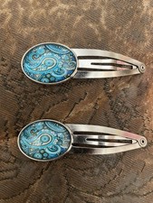  2 Retro Turquoise Blue Paisley Oval Cabochon Silver Large Snap-in Hair Clips