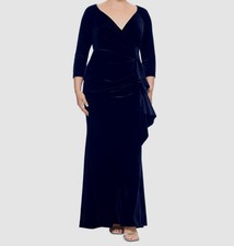 Xscape Women's Blue Velvet Ruffled V-Neck Long Sleeve Dress Plus Size 14W