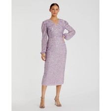 Mac Duggal 107641 Lavender Sequin Long Sleeve Midi Faux Wrap Dress Womens 8