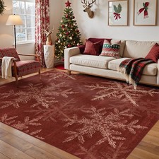 Christmas Area Rug 5x7 Red Washable Office Carpet Xmas Snowflake Holiday Deco...