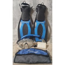 US Divers Snorkel Set Mens 10-13 Blue Fins Body Glove Mask Snorkel Mesh Bag READ