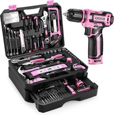 Pink Tool Kit Box Drill Set:DEKOPRO Home Mechanic Toolbox with 12V Power Cordles
