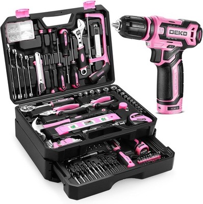 Pink Tool Kit Box Drill Set：DEKOPRO Home Mechanic Toolbox with 12V Power Cordles