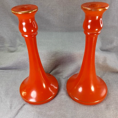 Vintage Czech Art Deco Orange Milk Glass Candlesticks Set of 2 w/ Gold Gilt Trim