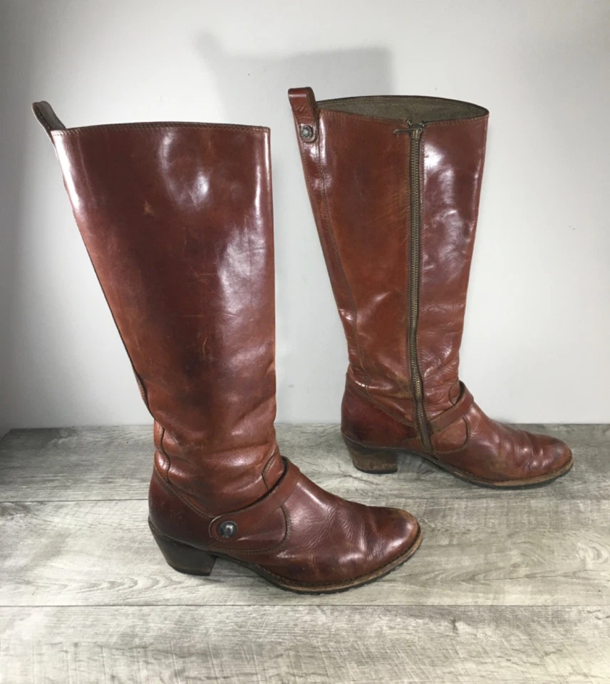 Women’s Frye #76570 Western Brown Leather Knee-High Riding Stacked Heel Boots 9 - Image 2 of 4