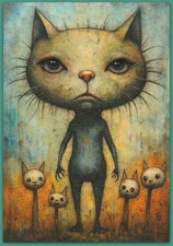 ACEO 2.5x3.5 watercolor painting - cat kitten strange whimsical fantasy surreal