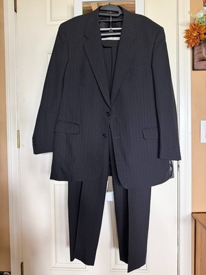 VINTAGE Roberto Vasalli Black Pinstripe Wool Suit 44L Jacket + 40W Pants