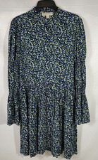 Michael Kors Women's Blue Green Floral Pleated Button Front Shirt Dress Sz L