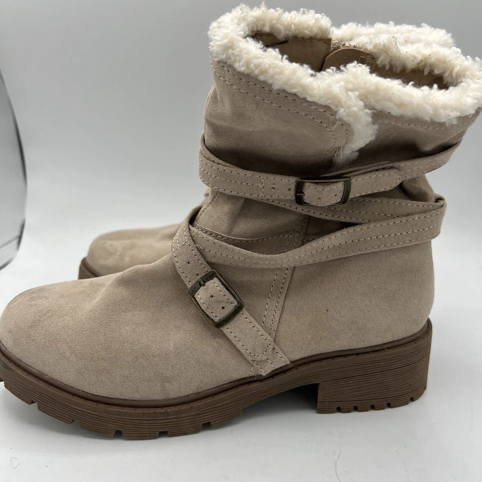 Steve Madden Girls J-Gadot Taupe Ankle Boots Sz 4 Big Kid Faux Fur Biker Straps - Image 4 of 4