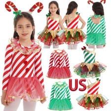 Girls Striped Christmas Dress Ruffle Long Sleeve Tutu Skirt Party Princess Dress