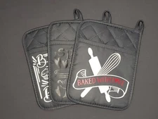 Set of 3 Gray Oven Mitts - Decorated with Varying Phrases and Imagery