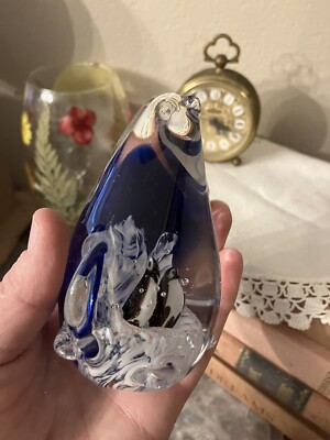 Vintage Art Glass Paperweight Penguins Mom  Babies Murano Style Blue Curiosities