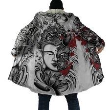 Winter Men Cloak Samurai Oni Mask Tattoo 3D Printing Fleece Hooded cloak For Men