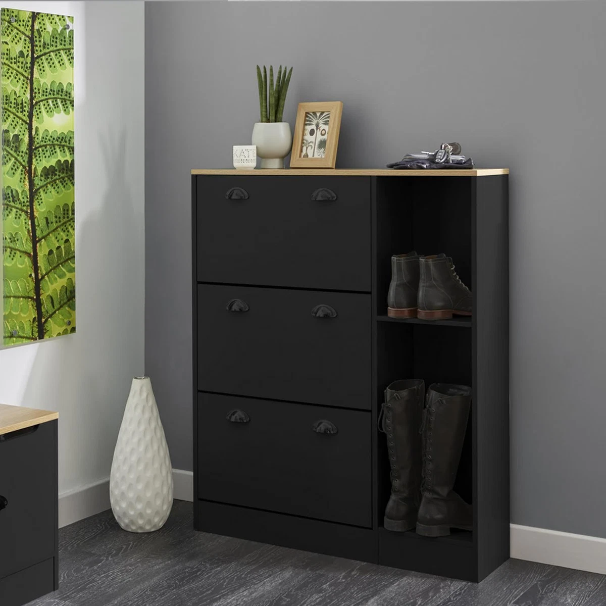 Black Shoe Cabinet Unit Drawers Freestanding Furniture Modern 1080x900mm